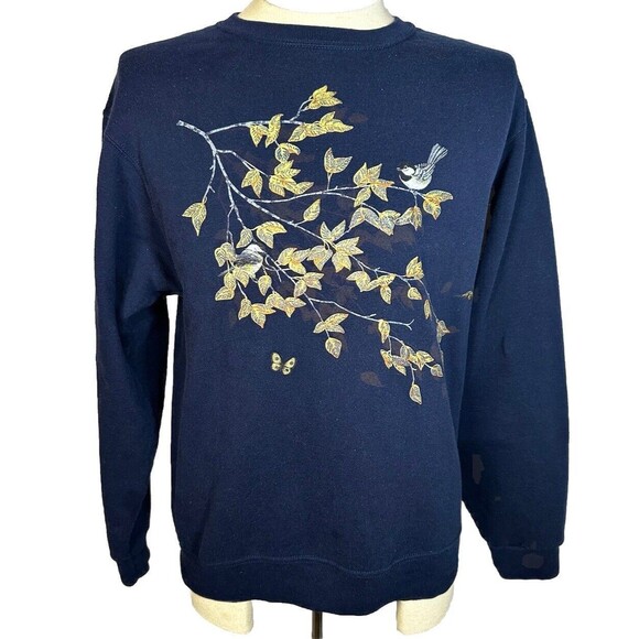 Vintage Nature Bird On Tree Branch Fall Grandma Crewneck Sweatshirt - Picture 1 of 3